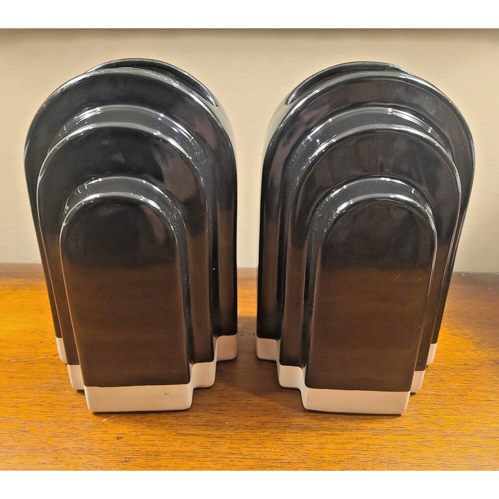 Hollywood Regency Black Ceramic Bookends Art Deco Revival Tiered Bookends Vase
